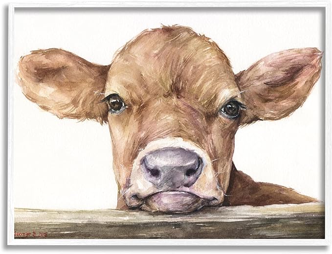 Stupell Industries Cute Baby Cow Animal Watercolor Painting Framed Giclee Art Design by George Dyachenko