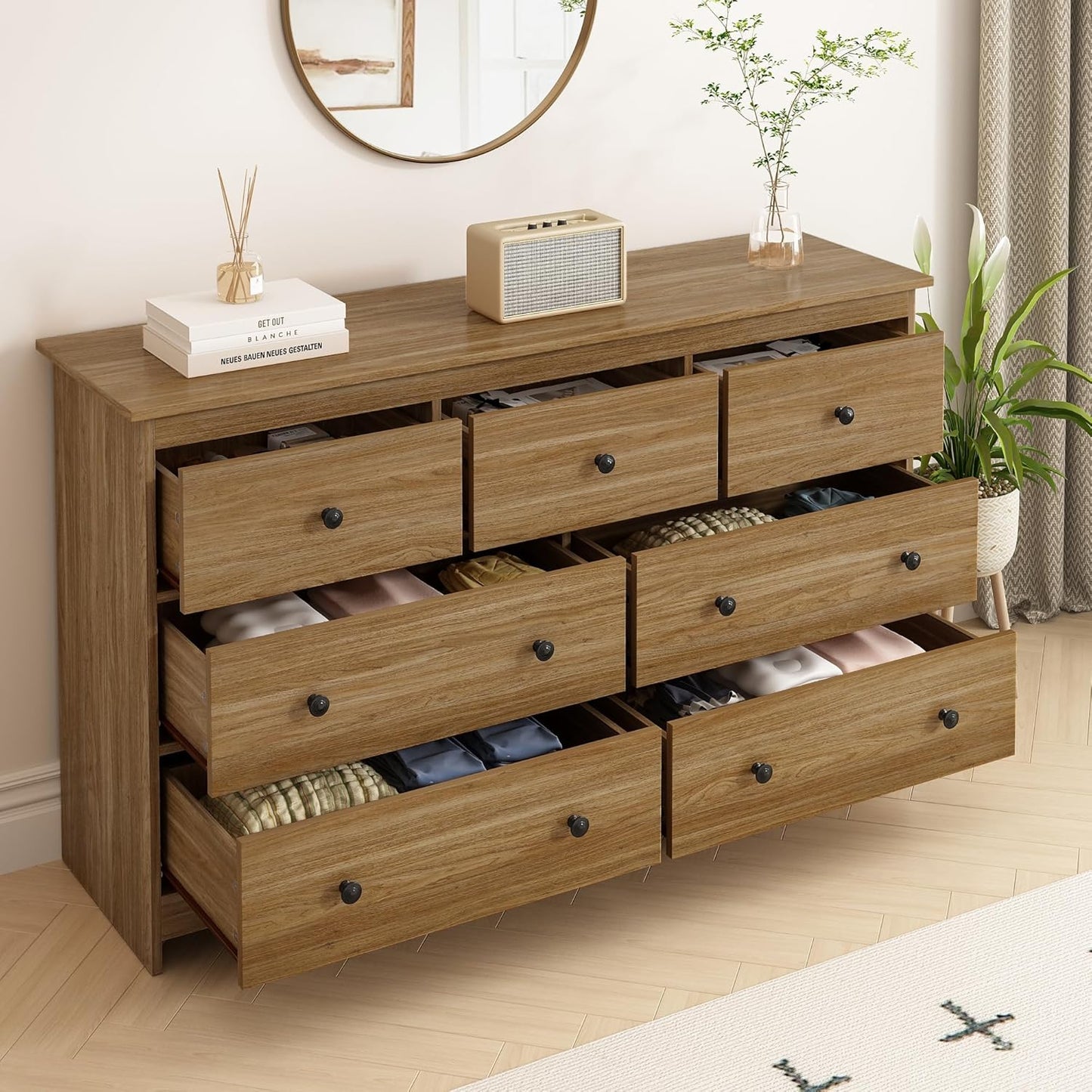 JOZZBY 55" Walnut Dresser for Bedroom, 7 Drawer Wood Large Dresser with Metal Knob, Modern Chests of Deep Drawers Organizer for Home Office, Hallway