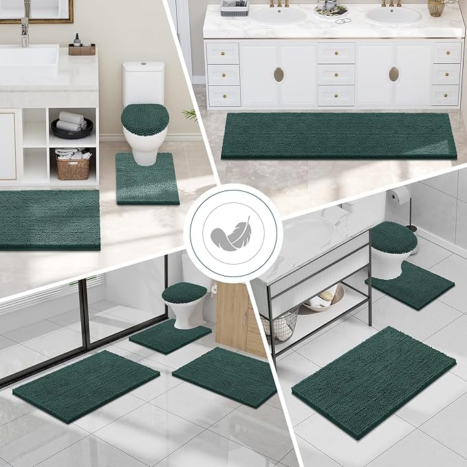 Smiry Luxury Chenille Bathroom Rugs 34x21, Extra Soft and Absorbent Shaggy Bath Mat, Machine Washable, Non-Slip Plush Carpet Runner for Tub, Shower, and Floor, Home Decor Accessories, Green