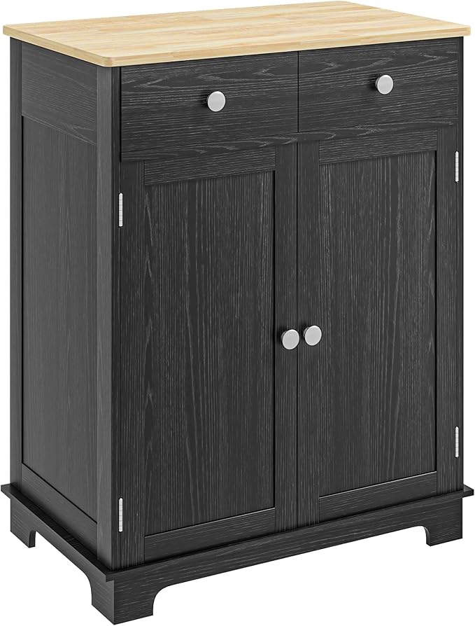 HOMCOM Sideboard with Solid Wood Countertop, Modern Kitchen Storage Cabinet, Coffee Bar Cabinet with 2 Drawers, Doors and Adjustable Shelf, Distressed Black