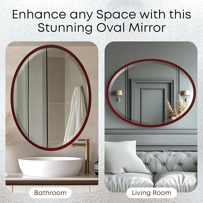 OVALCREST - Oval Wooden Beveled Wall Mirror for Home Decor, Bathroom, Vanity, Bedroom, Living Room, Hallway - London Style (Black Cherry) 25.1 x 31.1