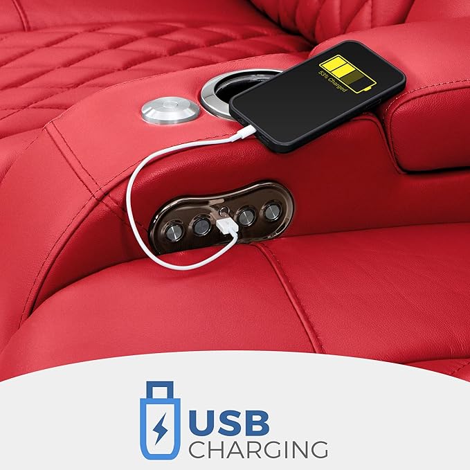 Seatcraft Diamante - Home Theater Seating - Living Room - Power Recline - Italian Leather - Powered Headrests - Cupholders - USB Charging - Ambient Lighting - Arm Storage, Red, Row of 2