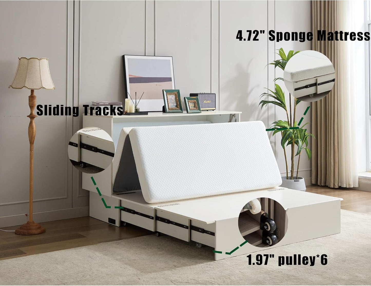 KEIKI Queen Murphy Bed with Storage, Folding Foam Mattress, Oversized Drawers, USB Ports & AC Outlets, Space-Saving Cabinet Bed, White