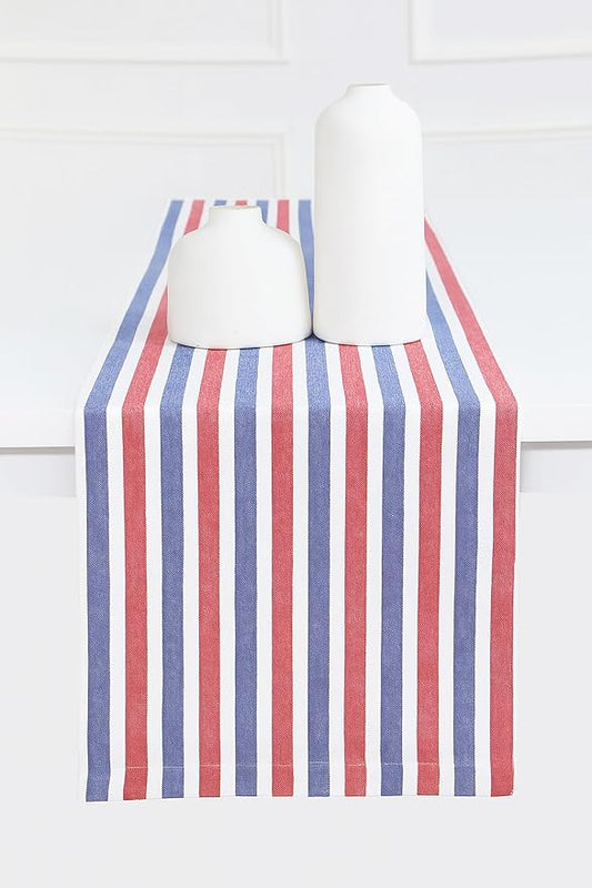 PurpleEssences 4th of July Striped Table Runner 72 inches Long Stripe Runner 14 x 72 Inch 100% Cotton - Durable Washable Fabric - Labor Day - Red Blue White
