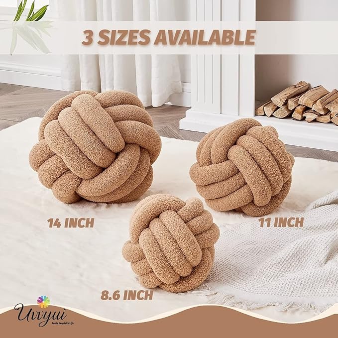 Uvvyui Knot Pillow Ball, Soft Home Decorative Pillows, Round Throw Pillow, Handmade Knotted Plush Pillow, Round Boucle Pillow Cushion (11 Inches Khaki)