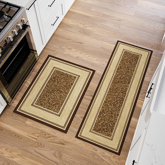 Ottomanson 2-Piece Kitchen Rug Set - Non Slip, Runner & Small Area Rug - Border - 20" x 59" & 2'3" x 3' - Durable, Stain Resistant for Entryway, Bedroom and Bathroom, Brown