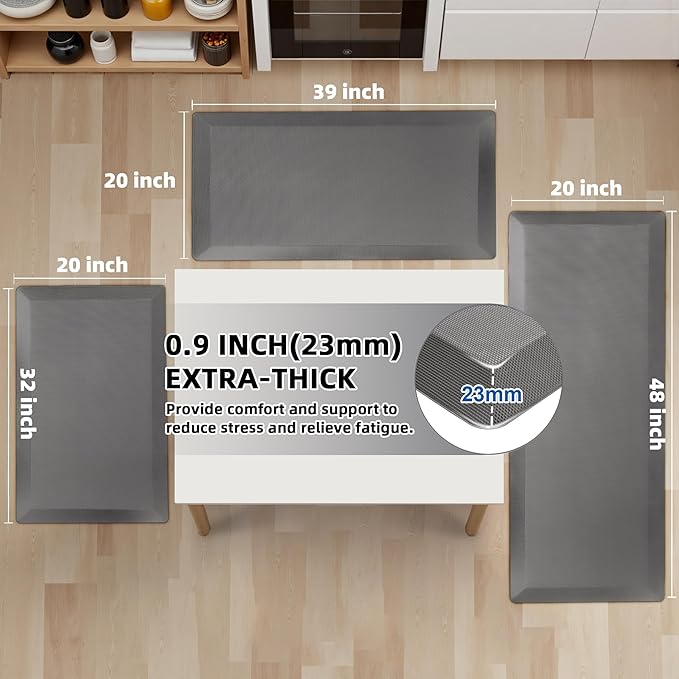 2 PCS Anti Fatigue Kitchen Mats for Floor, Grey 9/10 Extra Thick Cushioned Standing Desk Mat, Comfort Memory Foam Ergonomic Rugs and Mats Non-Slip Waterproof for Office, Kitchen, 20"x32"+20"x32"