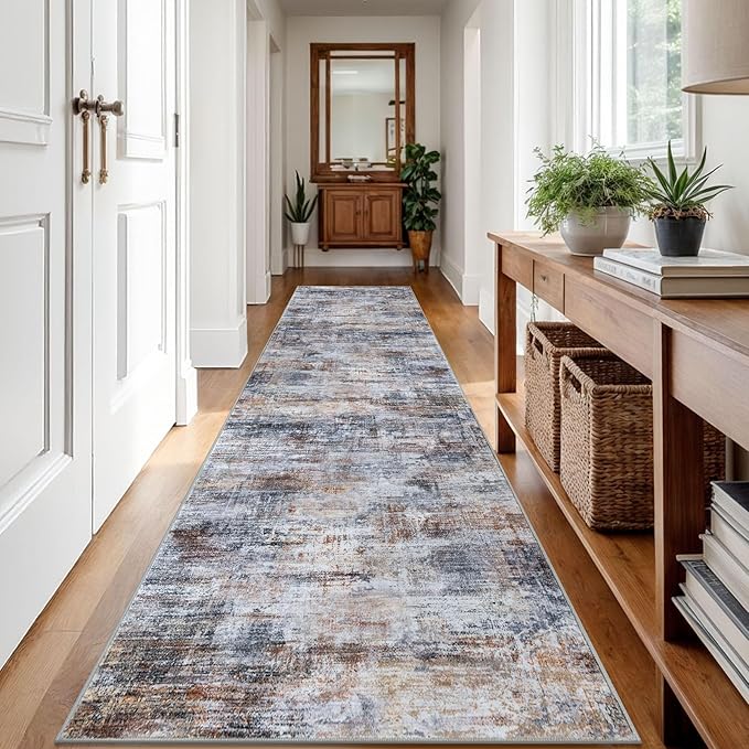 IOHOUZE Abstract Runner Rug 3x12 Ft Washable Runners for Hallways, Non Slip Kitchen Runner Printed Faux Wool Entryway Runner Indoor, Modern Abstract Floor Carpet for Hall Kitchen, Orange Grey