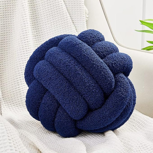 Uvvyui Knot Pillow Ball, Soft Home Decorative Pillows, Round Throw Pillow, Handmade Knotted Plush Pillow, Round Boucle Pillow Cushion (11 Inches Navy)