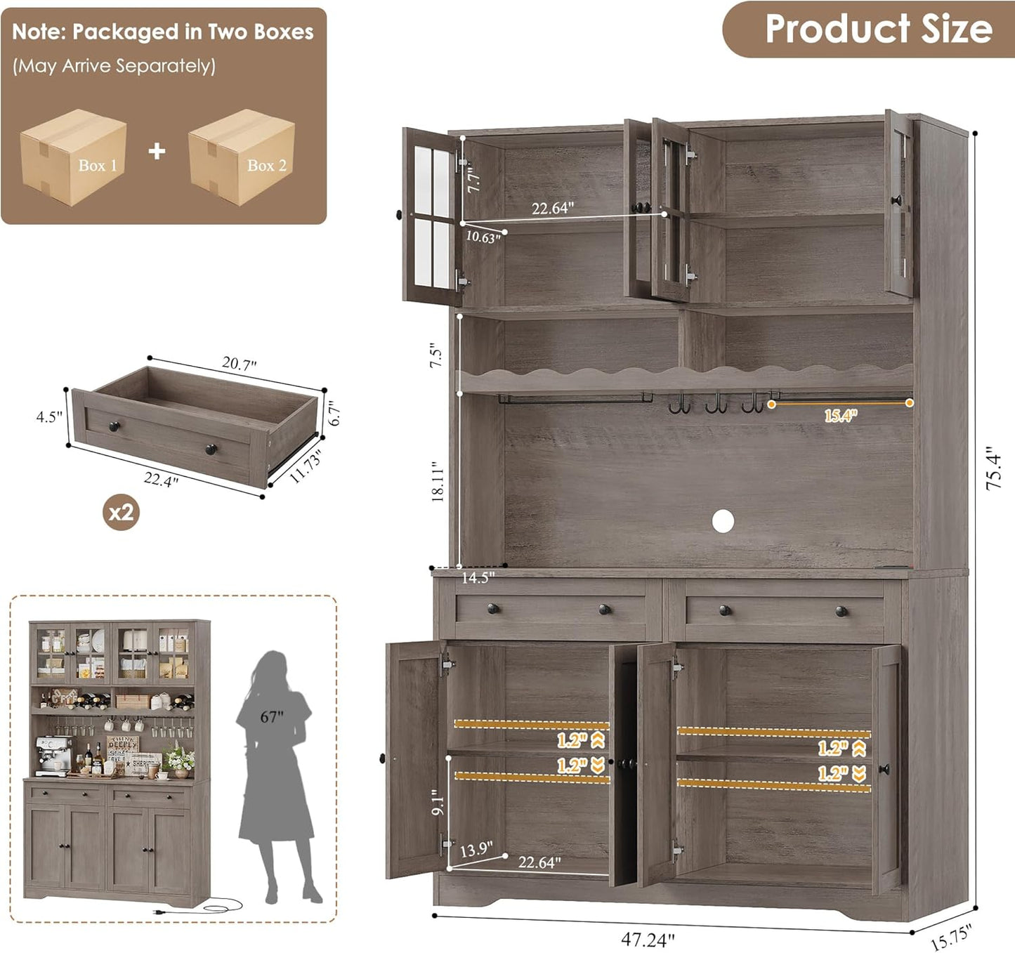 HOSTACK 75.4" Tall Kitchen Pantry Cabinet with Charging Station, Modern White Kitchen Hutch with Microwave Stand and Wine Rack, Large Food Pantry Storage Cabinet with Glass Doors and Drawers, Ash Gray