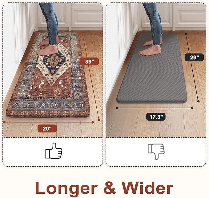 KIMODE Anti Fatigue Mat for Kitchen Floor, Boho Oriental Kitchen Rug, Non Slip Waterproof Kitchen Floor Mat, Vintage Kitchen Mat for Floor, Laundry, Office, Sink, Desk Red 20"x39"