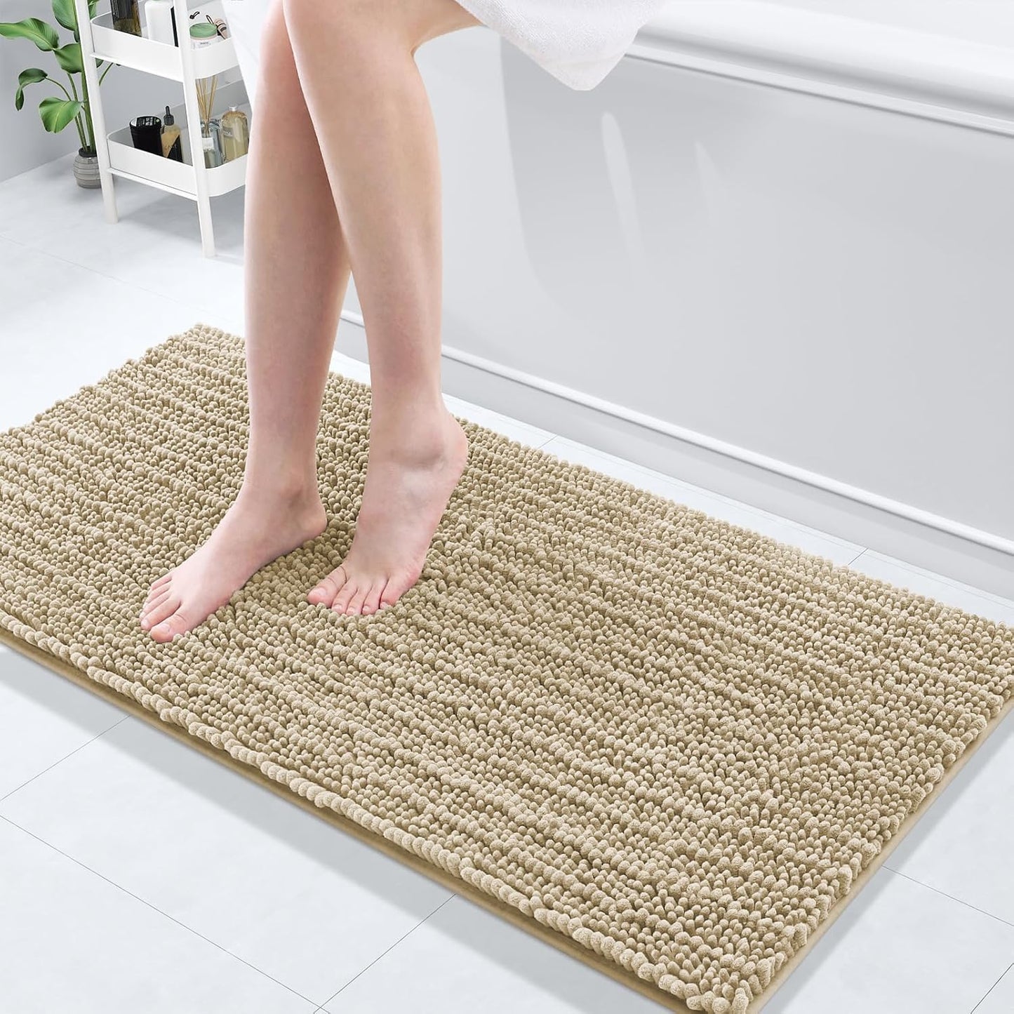 Arotive Luxury Chenille Bathroom Rug Mat, Extra Soft Thick Absorbent Shaggy Bath Rugs, Non-Slip Machine Wash Dry, Plush Bath Mats for Bathroom, Shower and Tub, 47x17, Beige