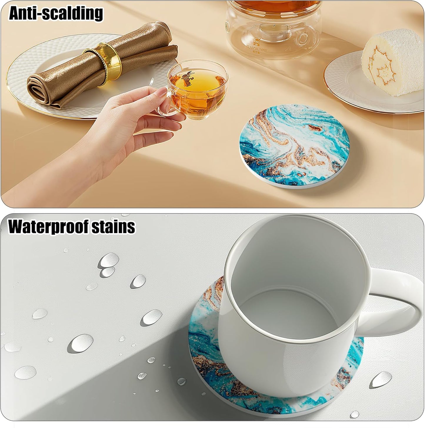 Coasters for Drinks Set of 8, Absorbent Ocean Marble with Metal Golden Holder, Ceramic Coaster Set Cup Mat for Home Decor, Bar, Kitchen, Party