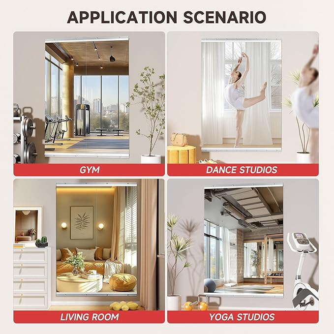 Home Gym Mirror, 55'' x 21'' x 2PCS, Large Full Body Mirror for Yoga, Frameless Tempered Glass, Wall Mounted for Home Gym, Garage, Bedroom, Bathroom