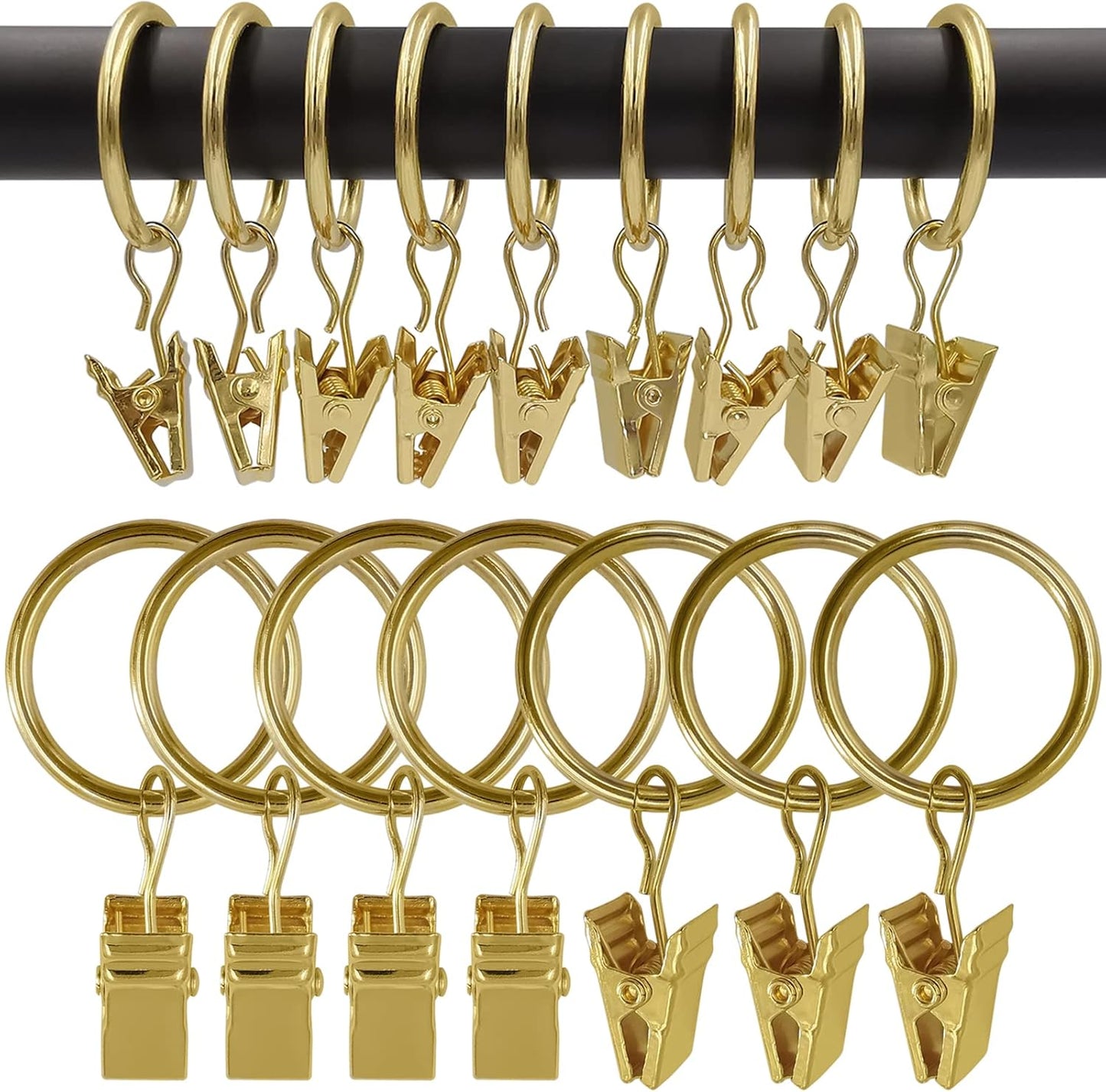 100 Pack Metal Curtain Rings with Clips, Drapery Clips with Rings, Drapes Rings 1 inch Inner Diameter, Fits Diameter 5/8 inch Curtain Rods, Gold Color