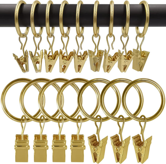 100 Pack Metal Curtain Rings with Clips, Drapery Clips with Rings, Drapes Rings 1 inch Inner Diameter, Fits Diameter 5/8 inch Curtain Rods, Gold Color