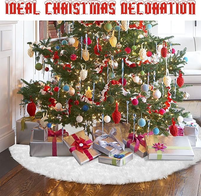 Christmas Tree Skirt 48 inches Faux Fur White Christmas Tree Skirt for Christmas Tree Decorations Winter Holiday Home Christmas Party Ornaments (White)