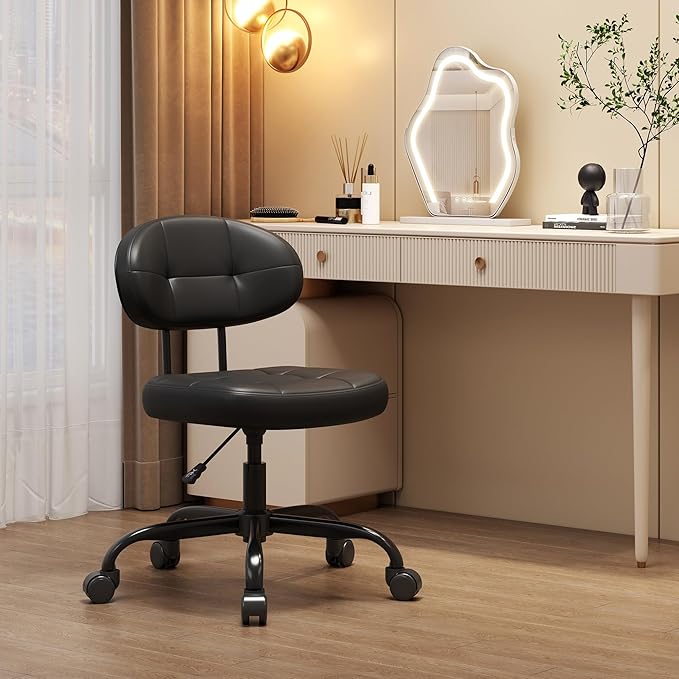 Misolant Vanity Chair with back, Small Armless Cute office Chair with wheels and Lumbar support, Comfy PU Leather Desk Computer Chairs with Adjustable Height, 360°Swivel for Home Bedroom Office, Black