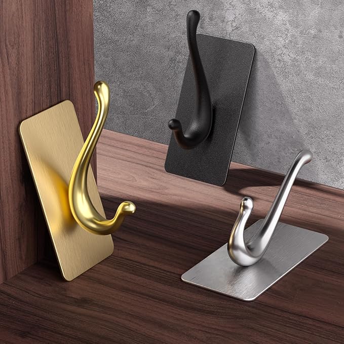 Towel Hooks, Solid Alloy Adhesive Wall Hooks for Hanging, Towel Hooks for Bathroom, RV, Kitchen, Closets, etc (Black, 2 Pack)