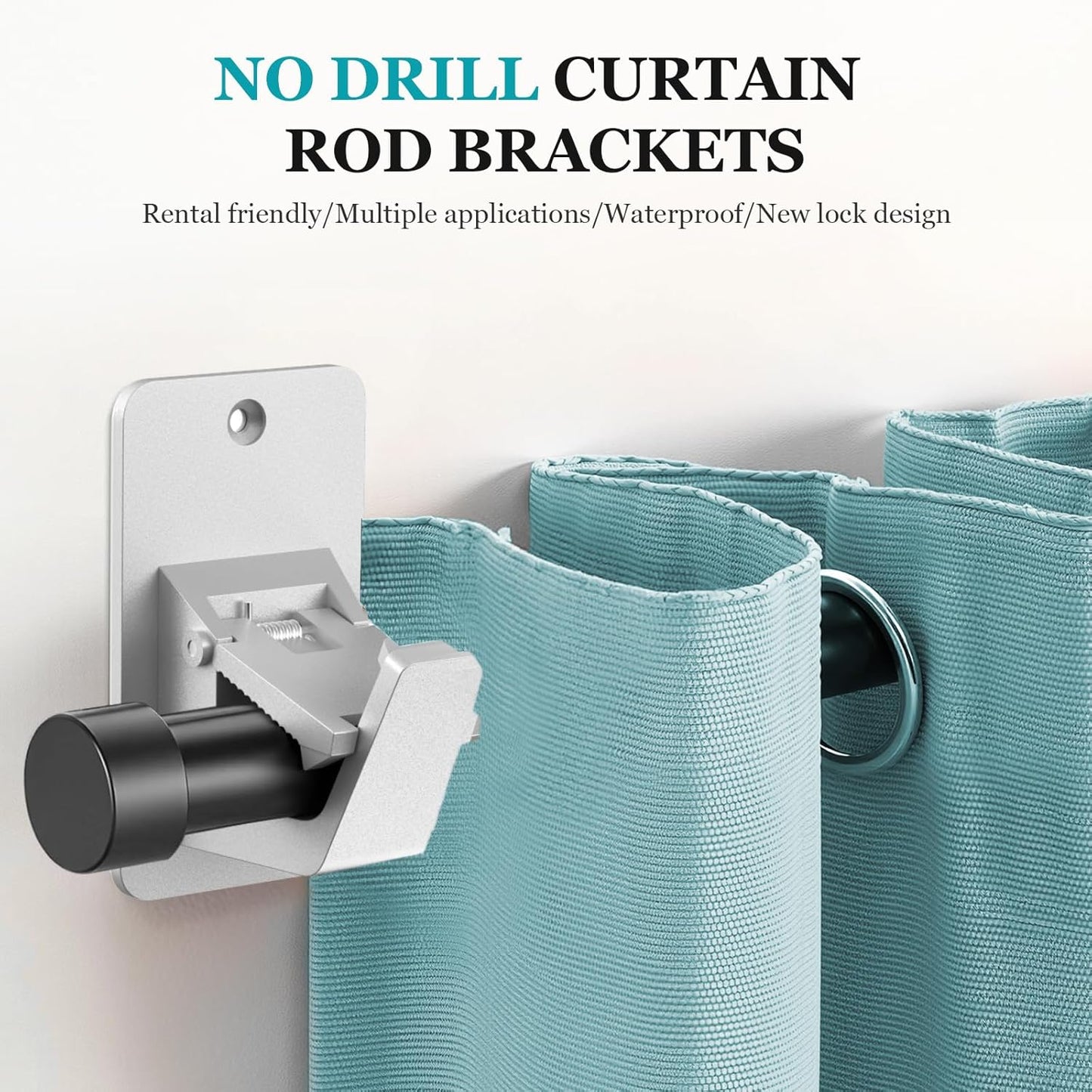 Adhesive No Drill Curtain Rod Brackets - Heavy Duty 30LB Holders for Bathroom Bedroom Kitchen, Universal Damage-Free Window Rod Hooks with Nail-Free Installation (4PC Silver)