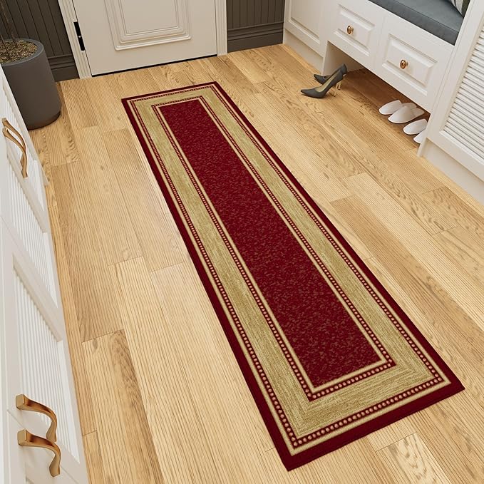 Ottomanson Hallway Runner Rug 1'10" x 7' Non Slip Border Area Rugs Easy to Clean Laundry Rug Runner Durable & Pet Friendly Floor Carpet Runners for Hallways Entryway Living Room Kitchen Bathroom, Red