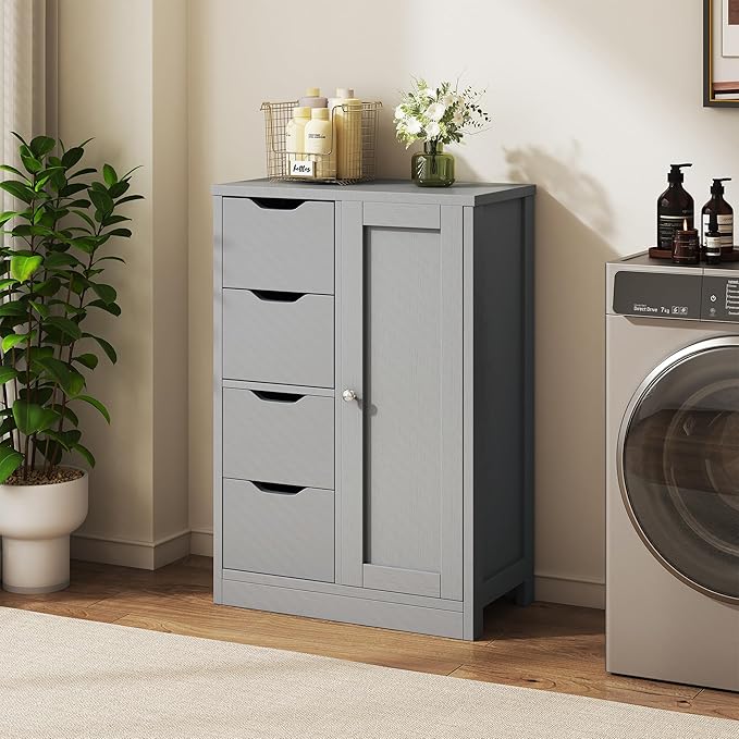 Vongrasig Bathroom Floor Storage Cabinet, Wooden Storage Organizer with 4 Drawers and 1 Door, Freestanding Pantry Cabinet with Adjustable Shelves for Bathroom, Living Room, Kitchen, Entryway, Grey
