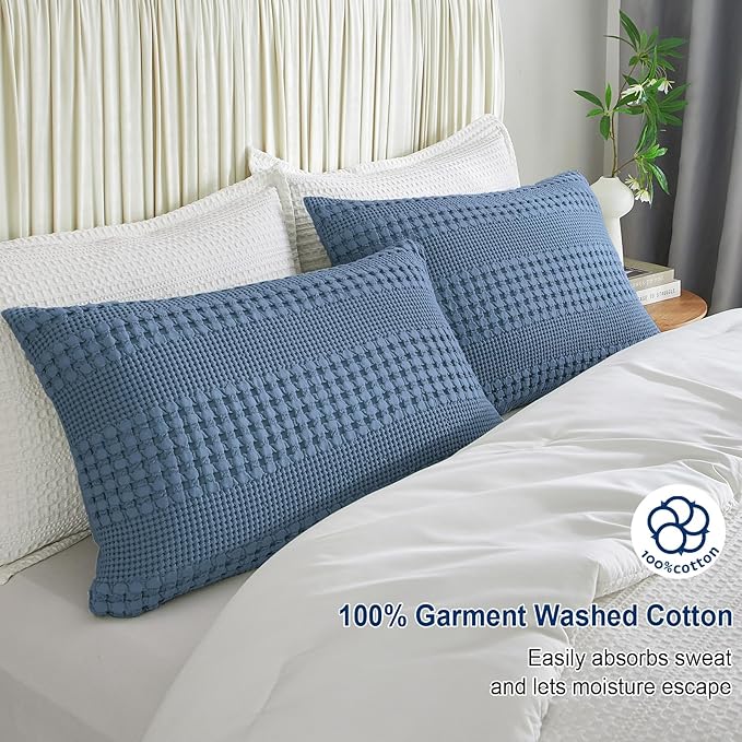 PHF 100% Cotton Waffle Pillow Shams King Size, 2 Pack 20" x 36" Soft Skin-Friendly Pillowcases, No Filling, Aesthetic Woven and Breathable Waffle Weave Pillow Case Covers for Bed, Captain's Blue