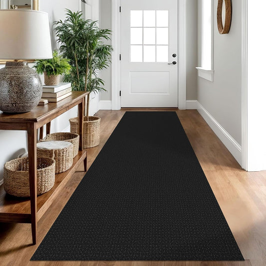 IOHOUZE Washable Runner Rug 2.6x10 Non Slip Rubber Backed Long Hallway Runner Entryway Runner Indoor, Kitchen Rugs Woven Cotton Floor Carpet for Hall Entrance, Black/Grey