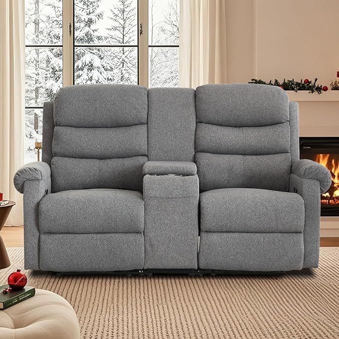 Loveseat Reclining Sofa, Home Theater Seating with Center Console, RV Recliner Sofa with Cup Holders and Pockets, Manual Double Seater Recliner for Living Room, Motor Home (Linen Grey)
