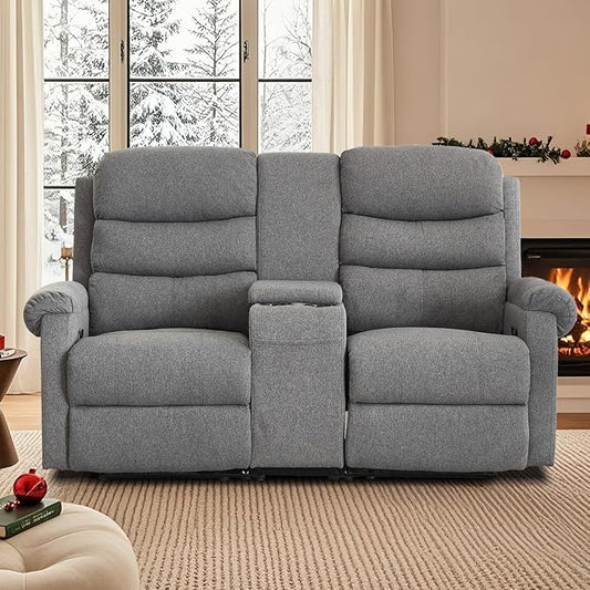 Loveseat Reclining Sofa, Home Theater Seating with Center Console, RV Recliner Sofa with Cup Holders and Pockets, Manual Double Seater Recliner for Living Room, Motor Home (Linen Grey)