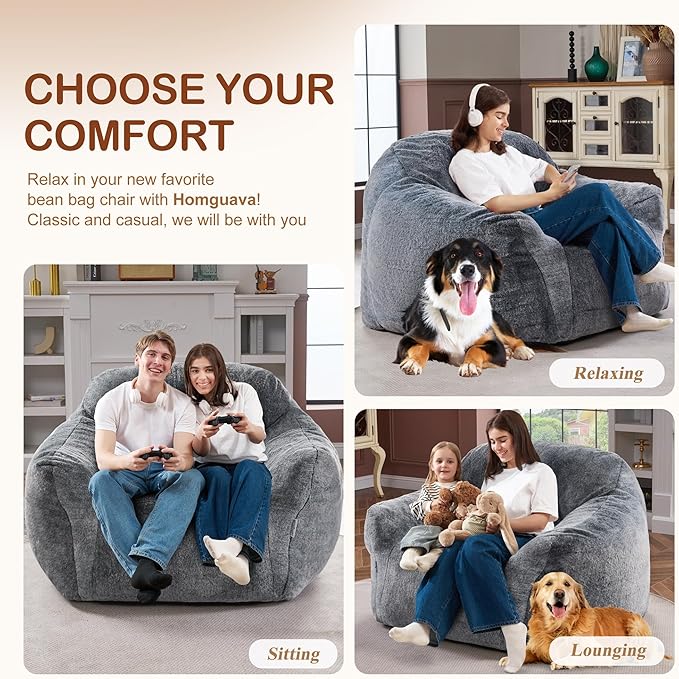 Homguava Bean Bag Chair Bean Bag Chairs for Adults Comfy Beanbag Chair with Spacious Design Oversized Bean Bag Sofa with Armrest Giant Bean Bag Chair with Filler for Living Room Bedroom (Grey)