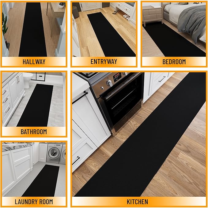 Ottomanson 2x22 Non Slip Extra Long Hallway Runner Rug with Rubber Backing - Solid Modern Kitchen Rug for Bedroom or Living Room, Black, 2' x 22'