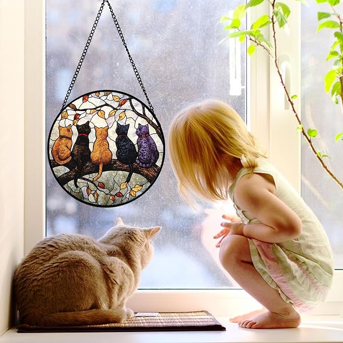 Stained Glass Window Hanging - 5 Cats on a Branch Suncatcher for Window Doors Home Decoration and Christmas, Mother's Day Father's Day Birthday Gifts for Women, Men, and Mom 11.8x11.8 in