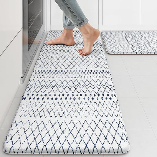 KIMODE Kitchen Mats 2PCS,Cushioned Anti Fatigue Boho Kitchen Rugs and Mats,Non Slip Waterproof Kitchen Mats for Floor,Comfort Foam Standing Desk Mat for Home,Office,Sink,Laundry,Blue and White