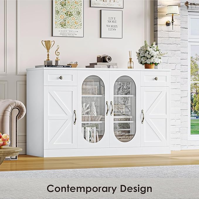 Keyluv Buffet Cabinet 55" Large Storage Coffee Bar with Drawer and Shelves, 3 Spacious Shelves Behind Glass Doors Sideboard Cabinet, Modern Farmhouse Furniture for Kitchen/Dining/Living Room, White