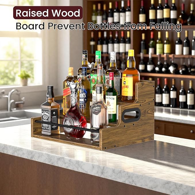 3-Tier Liquor Bottle Display Shelf, Wood Coffee Syrup Organizer, Retro Countertop Spice Rack, Coutertop Wine Racks for Mini Bar, Whiskey, Spirits, Alcohol