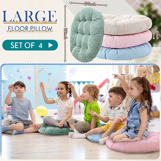Jerify 4 Pcs Floor Pillow Cushions 22 x 22 Inch Round Square Large Meditation Floor Pillow for Classroom Adult Meditation Picnic Party Cushion for Seating Gift Christmas(Light Colors,Round)