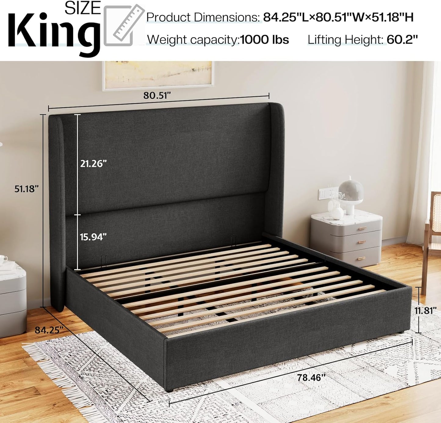 Jocisland King Size Bed Frame Lift Up Storage Bed Upholstered Platform Bed with Wingback Headboard/Hydraulic Storage/No Box Spring Needed/Wood Slats Support/Dark Grey