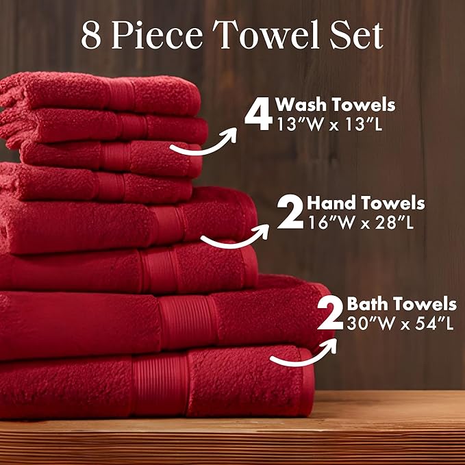 Madison Park 800GSM Bathroom Towel Set of 8 100% Cotton Bath Towel Set for Bathroom Luxurious Highly Absorbent 2 Bath Towels 2 Hand Towels 4 Washcloths Quick Dry Spa Quality Bright Red