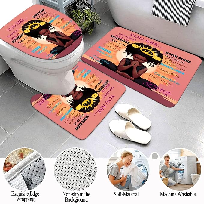 4PCS Black Praying Girl Shower Curtain Set, Cute African American Girl Shower Curtains with Hooks and Bath Mat Sets, Inspirational Quote Romantic Sunflower Halloween Bathroom Decor Sets