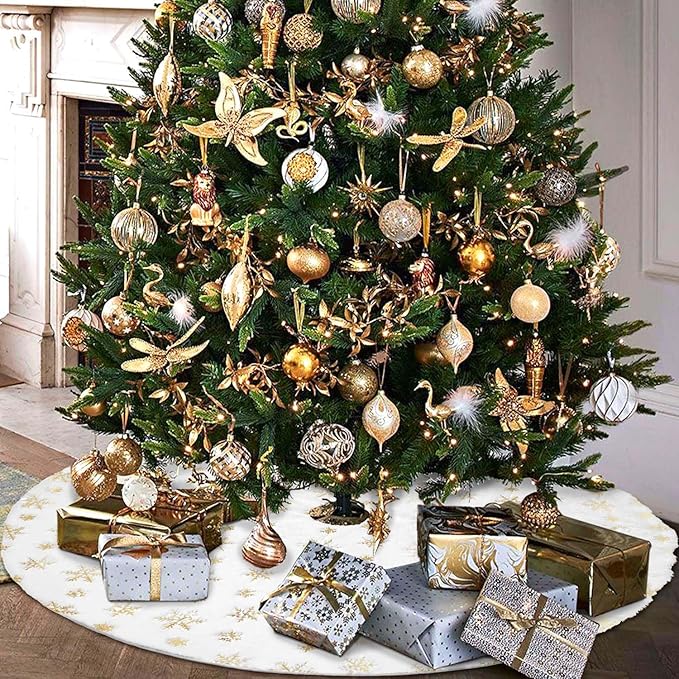 Hommtina Christmas Tree Skirt 48 Inches White Tree Skirt,Christmas Tree Decorations Faux Fur Tree Skirt for Xmas Holiday Home Party Decorations Ornaments (Golden Snowflake)