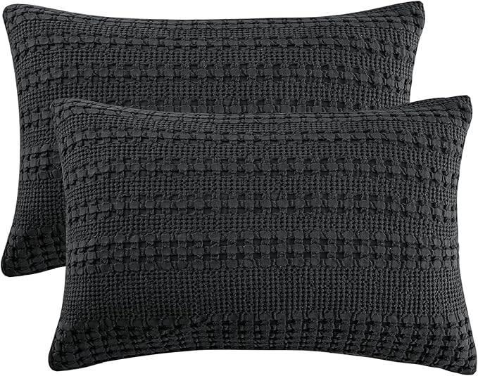 PHF 100% Cotton Waffle Pillow Shams Queen Size, 2 Pack 20" x 30" Soft Skin-Friendly Pillowcases, No Filling, Aesthetic Woven and Breathable Waffle Weave Pillow Case Covers for Bed, Black