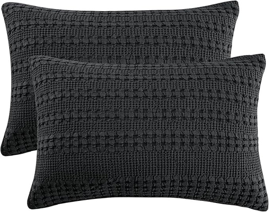 PHF 100% Cotton Waffle Pillow Shams Queen Size, 2 Pack 20" x 30" Soft Skin-Friendly Pillowcases, No Filling, Aesthetic Woven and Breathable Waffle Weave Pillow Case Covers for Bed, Black