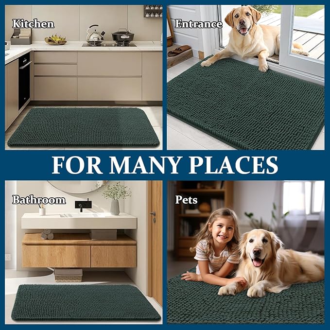 OLANLY Dog Door Mat for Muddy Paws 36x24, Absorbs Moisture and Dirt, Absorbent Non-Slip Washable Doormat, Quick Dry Chenille Mud Mat, Entry Indoor Entryway Carpet for Inside Floor, Blackish Green