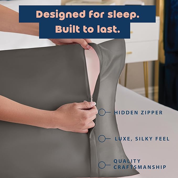 Satin Pillowcase with Zipper, for Hair and Skin Care, Feels Soft and Cool Like a Silk Pillowcase, Satin Pillow Cases 2 Pack, Slik Pillow Cover, Dark Grey - Queen Size