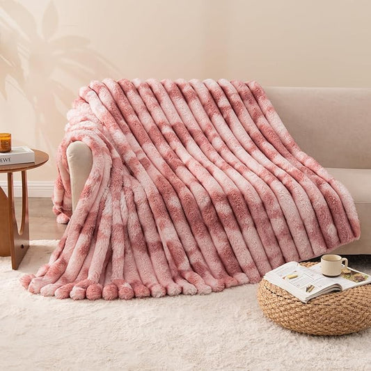 Throw Blanket for Couch - 60" x 80" Faux Rabbit Fur Throw Blanket Cozy Soft Warm Blankets for Bed Sofa Bedroom Living Room Fluffy Striped Blankets for Fall Winter, Home Decor, Pink