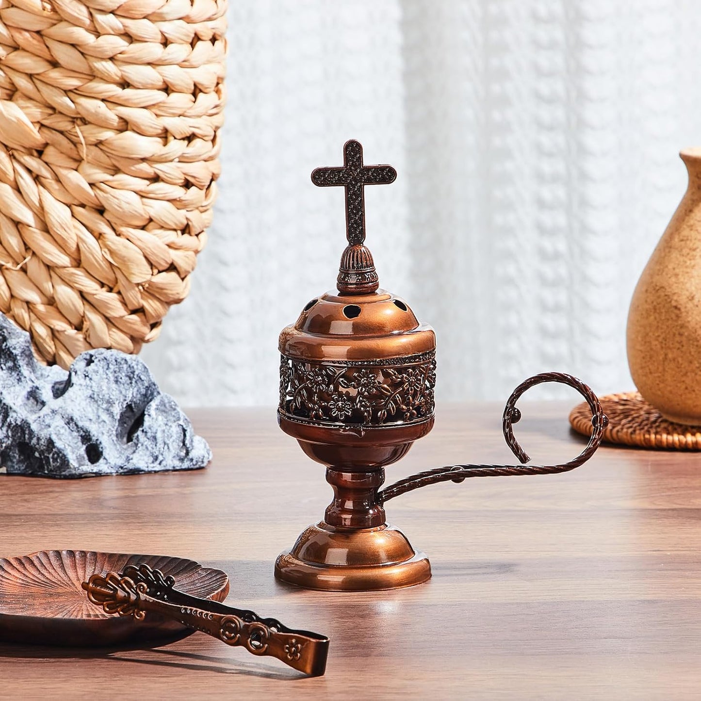 Zonon 2 Sets Incense Burner with Tong, Frankincense Charcoal Incense Stand Holder, Ideal for Yoga, Spa, Aromatherapy, Home and Christian Church Censer(Red Copper)