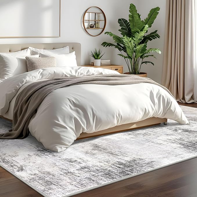 IOHOUZE Abstract Area Rugs 6x9 Ft Washable Rugs for Living Room, Non Slip Dining Room Rug, Printed Faux Wool Rugs for Bedroom, Floor Carpet for Office Nursery Playroom, Grey Beige