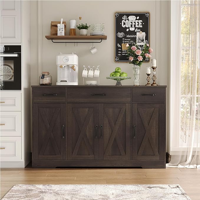HOSTACK Buffet Cabinet with Drawers, 55" Large Sideboard Buffet Storage Cabinet with Shelves and Doors, Modern Farmhouse Coffee Bar Station Wood Kitchen Table for Kitchen, Dining Room, Dark Brown