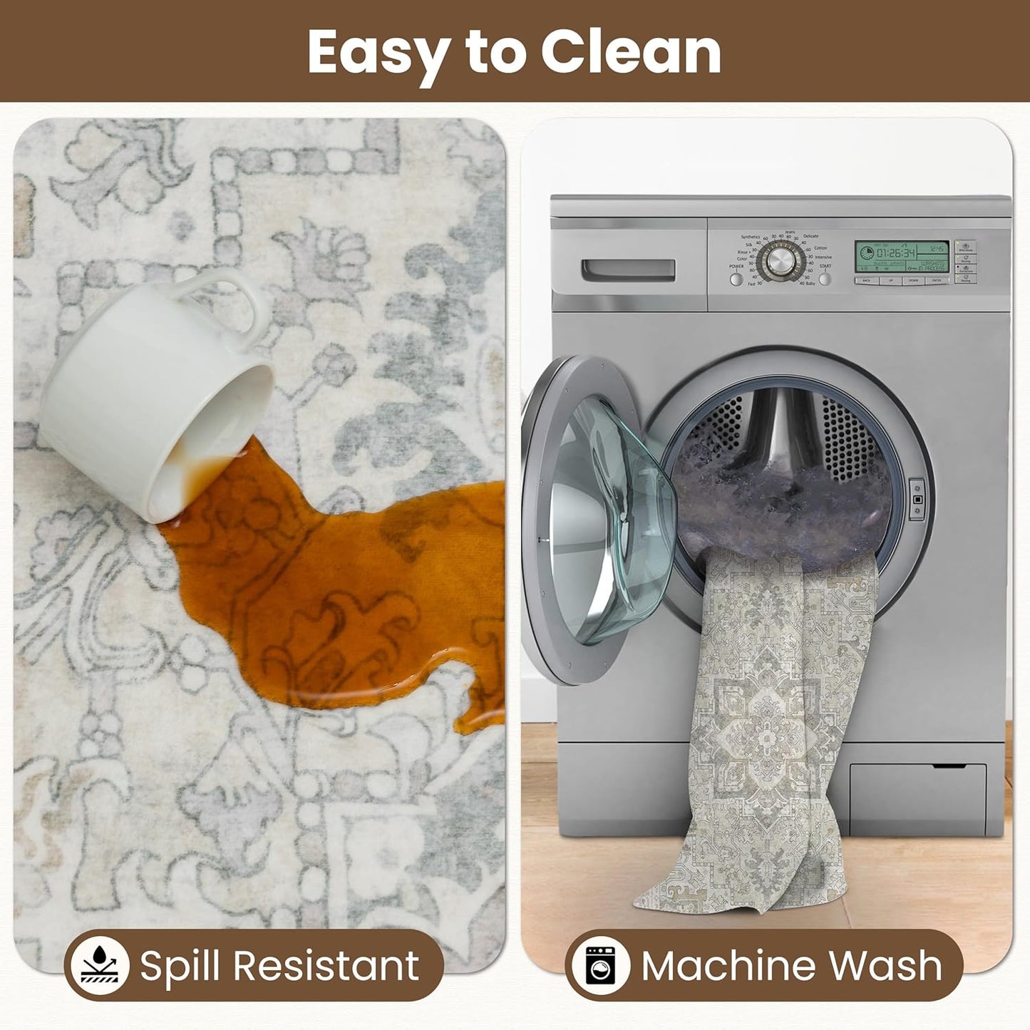 Washable Area Rug 6x9 | Non Slip Area Rug for Living Room, Bedrooms, Dining Room | Ultra-Soft Flannel Carpet Area with Rubber Backing (Ivory, 6x9)